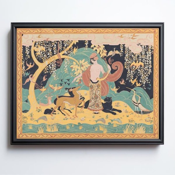 Enchanted forest art print, Vintage art deco painting, Antique art nouveau, Woman, Animals, Arts and crafts movement, Woodland fantasy
