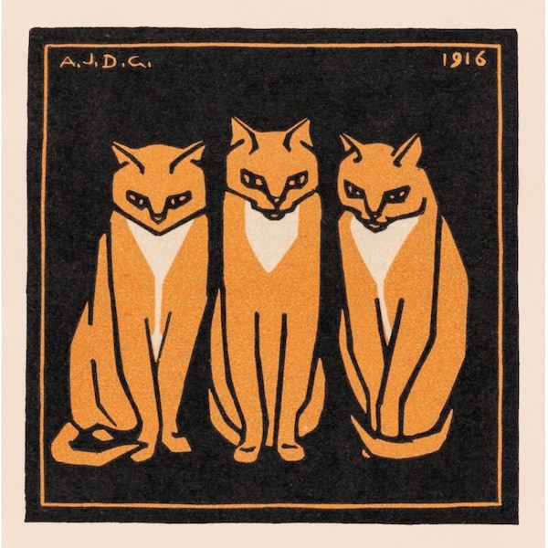 Three cats art print, Vintage cat wall art, Orange cats woodcut, Antique animal block print, Art nouveau cats painting, Woodblock art print