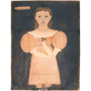 Primitive American painting of little girl in pink dress, Folk art reproduction, Early Americana, Naive art, Outsider art, Child portrait