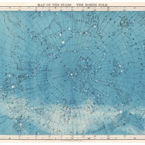 Antique Map of the Stars art print, The North Pole, Vintage star chart, Constellations wall art, Astronomy poster, Celestial diagram, Sky