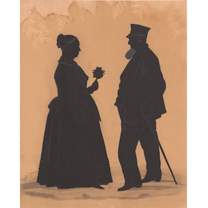 Antique silhouette art print, Married couple, Marriage, American folk art, Rustic decor, Primitive Americana, Post colonial, 19th century