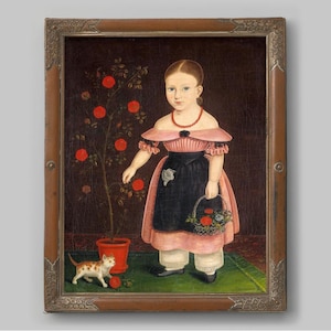 Folk art girl with cat painting, American folk art print, Little Girl in Lavender, Folk child portrait, Primitive Americana, Kitten, Roses