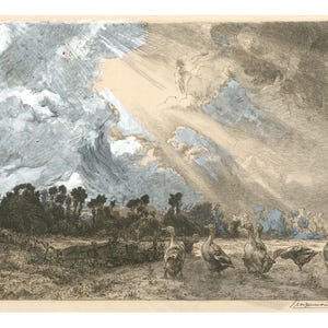 May include: A black and white etching of a landscape with a dramatic sky. The sky is filled with dark clouds and rays of light. In the foreground, a group of geese are walking across a field.