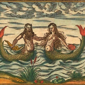 Medieval mermaids art print, Antique mermaid and merman, Vintage mermaid painting, Mythical creatures art, Nautical wall art, Fantasy art