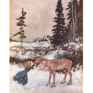 Fairy tale art print, Animal lover art, Wildlife art, Nature art, Wilderness art, Edmund Dulac, The Snow Queen, Girl kissing reindeer