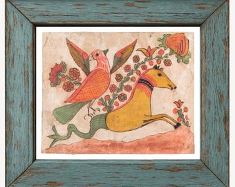 American Folk art fraktur drawing art print, Horse Mermaid painting, Bird, Flowers, Hippocampus, Primitive Americana wall art, 19th century