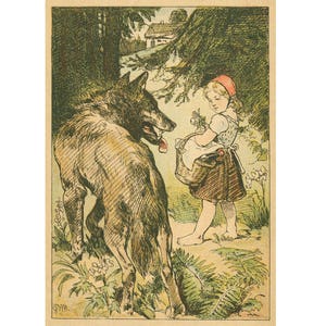 Little red riding hood art print, Big bad wolf, Red riding hood illustration, Fairy tale art print, Fairy tale wall art, Antique storybook