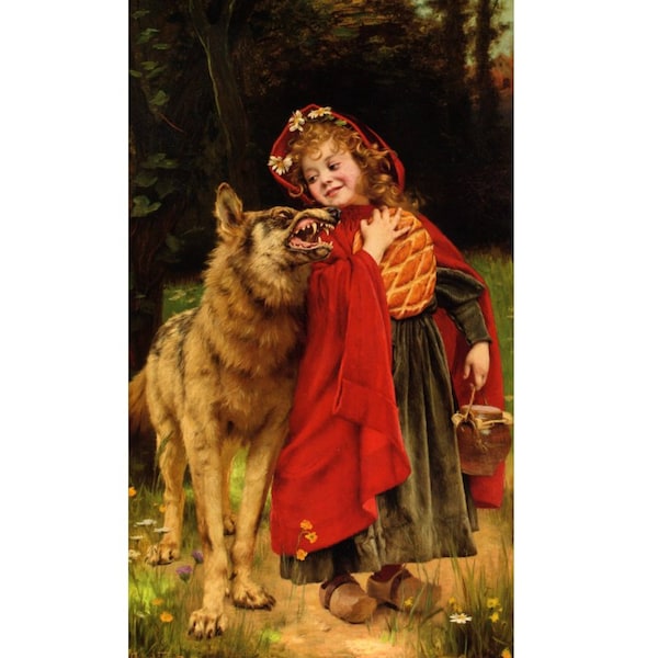 Little Red Riding Hood art print, The Big Bad Wolf painting, Vintage fairy tale wall art, Antique, Snarling wolf, Storybook, Chaperon Rouge