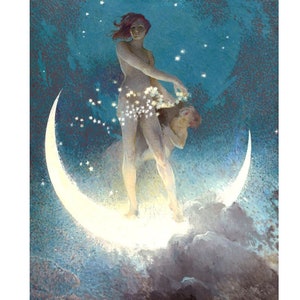 Moon goddess art print, Celestial wall art, Vintage woman painting, Night, Pagan, Spring Scattering Stars, Crescent moon, Deco, Art Nouveau