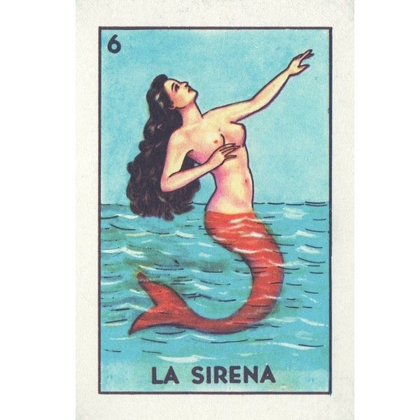 Loteria La Sirena art print, Vintage Mexican mermaid wall art, Antique mermaid painting, Kitsch, Retro Mexican folk art, 5x7, 4x6