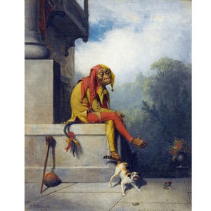May include: A painting of a jester in a yellow, red, and green costume sitting on a stone ledge. The jester is looking down at a small, white and brown cat that is standing on the ground. The jester has a long, pointed hat and a long, pointed beard. The background is a blurry landscape with trees and a cloudy sky.