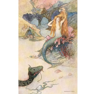 Vintage mermaid art print, Antique mermaid print, Dragon, Sea serpent, Warwick Goble illustration, Nautical wall art, Ocean art, Fantasy art