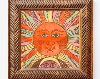 Vintage Sun and Moon art print, Antique sun face painting, Celestial wall art, Crescent moon, Man in the moon, Colorful, Cosmic, Mystical