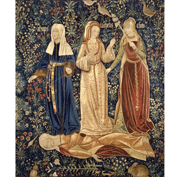 The Three Fates art print, Medieval tapestry, Myth, Mythology, Mythological, The Triumph of Death, Memento mori, Antique art, Ancient art