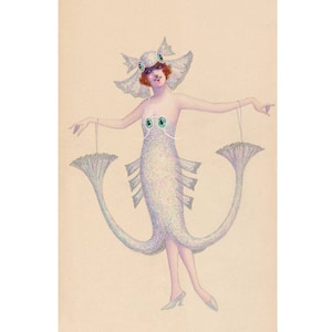 Funny fashion art print, Fish lady, fashion drawing, Vintage fashion art illustration, Flapper art print, Fashion wall art, Fish woman