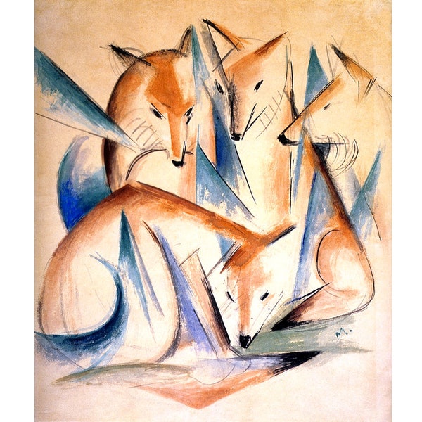 Four foxes art print, Franz Marc, Red fox painting, Fox wall art, German expressionism, Cubism, Mystical animals, Fine art, Modern art