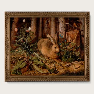 Rabbit painting art print, Antique forest oil painting, Vintage woodland decor, Magical nature, Enchanted forest, Hare, Bunny, Cottontail