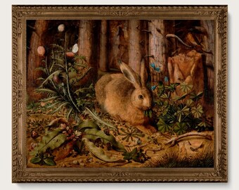 Rabbit painting art print, Antique forest oil painting, Vintage woodland decor, Magical nature, Enchanted forest, Hare, Bunny, Cottontail