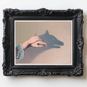 Vintage wolf art print, Victorian hand shadow puppets, Antique animal wall art, 19th century hands, Woman, Chiaroscuro painting, Magical art