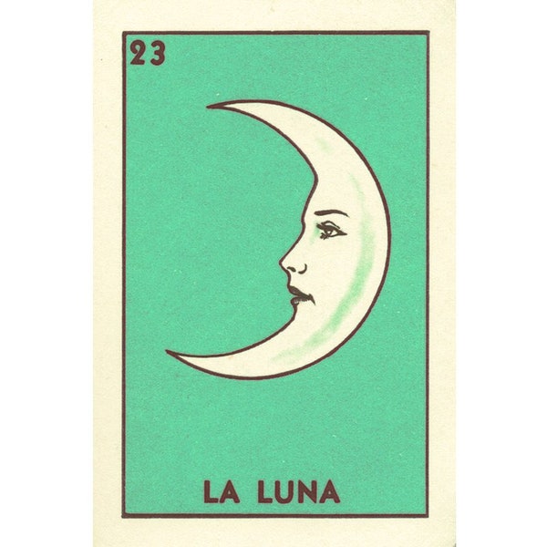 Loteria La Luna art print, Vintage Crescent moon wall art, Antique moon face painting, Man in the Moon, Kitsch, Retro Mexican folk art