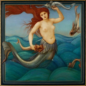 Antique mermaid painting art print, A Sea Nymph by Edward Coley Burne-Jones, Vintage mermaid wall art, Art Nouveau, Pre-Raphaelite, Nautical