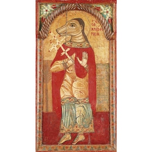 Dog Headed Saint Christopher art print, Antique religious icon, St Christopher, Dog head, Medieval icon, Byzantine art, Folk art painting