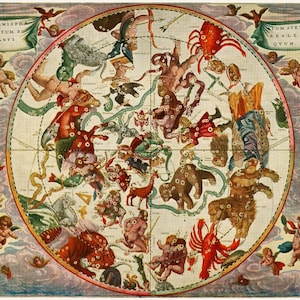 Impression d'art ancienne constellations, impression d'art ancienne carte céleste, étoiles, zodiaque, hémisphère stellaire nord, harmonie macrocosmique