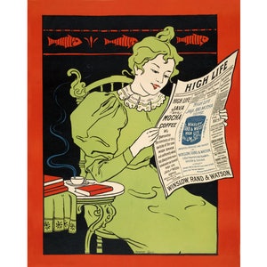 May include: A woman in a green dress sits in a chair reading a newspaper advertisement for High Life Java and Mocha Coffee. The ad features a blue can with the words "Winslow, Rand & Watson" printed on it.