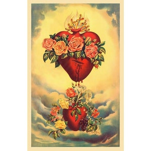 Vintage Sacred Heart art print, The Immaculate Heart of Mary, Bleeding Sacred Heart painting, Antique Mexican folk art, Retablo, Devotional