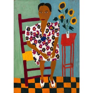 Black woman portrait painting, Vintage African American folk art print, William H Johnson print, Primitive Americana, Folk oil painting