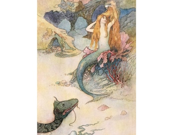 Vintage mermaid art print, Antique mermaid print, Dragon, Sea serpent, Warwick Goble illustration, Nautical wall art, Ocean art, Fantasy art