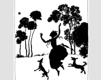 Silhouette art print, Black and white silhouette picture, Antique girl silhouette, Dogs, Silhouette scene, Arthur Rackham illustration