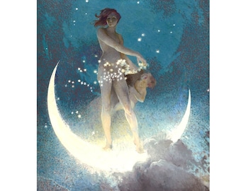 Moon goddess art print, Celestial wall art, Vintage woman painting, Night, Pagan, Spring Scattering Stars, Crescent moon, Deco, Art Nouveau