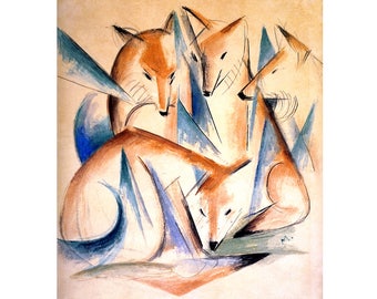 Four foxes art print, Franz Marc, Red fox painting, Fox wall art, German expressionism, Cubism, Mystical animals, Fine art, Modern art