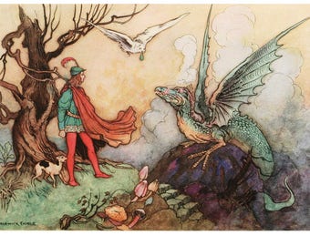 Fantasy dragon art print, Vintage dragon print, Antique storybook, Boy, Snowy owl, Winged serpent, Warwick Goble illustration, Fairy tale