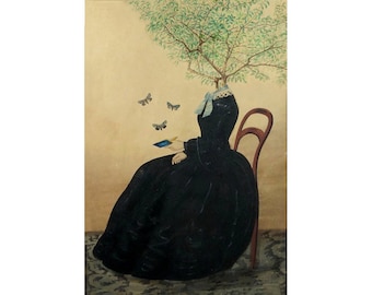 May include: A surreal painting depicting a woman seated on a chair, with a tree growing from her head. She is wearing a black dress and holding a blue object. Butterflies are flying around her.