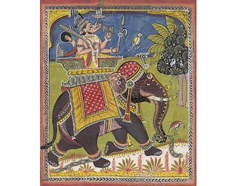 Vintage elephant art print, Antique Indian elephant painting, Hindu art, Antique Asian art, India art, Vishnu, Varaha, Colorful elephant art