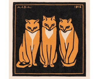 Three cats art print, Vintage cat wall art, Orange cats woodcut, Antique animal block print, Art nouveau cats painting, Woodblock art print