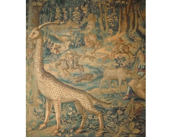 Medieval tapestry art print, Antique unicorn wall art, Mythical creatures, Enchanted forest, Fantasy, Beasts, Bestiary, Belgian, Middle ages