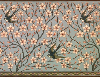 Swallows art print, Walter Crane, Art nouveau wall art, Vintage, Antique nature art, Flying swallow birds, Blossoms, Arts and crafts, Floral