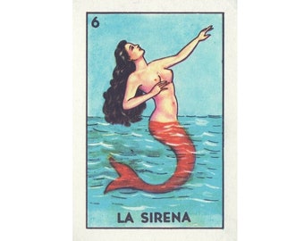 Loteria La Sirena art print, Vintage Mexican mermaid wall art, Antique mermaid painting, Kitsch, Retro Mexican folk art, 5x7, 4x6