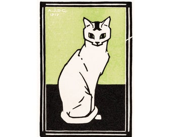 Vintage white cat art print, Art nouveau cat wall art, Antique animal block print, Elegant cat painting, White cat with black spot on head