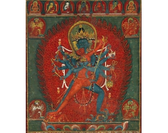 Tantric Buddhist deities art print, Chakrasamvara and Vajravarahi, Tantra, Tibetan Buddhism, Tantrism painting, Antique Asian art