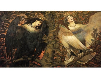 The Birds of Joy and Sorrow, Harpy art print, Mythical, Myth, Fantasy wall art, Antique oil painting, Sirin and Alkonost, Viktor Vasnetsov