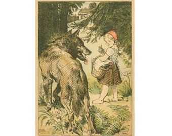Little red riding hood art print, Big bad wolf, Red riding hood illustration, Fairy tale art print, Fairy tale wall art, Antique storybook
