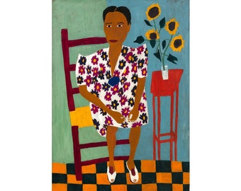 Black woman portrait painting, Vintage African American folk art print, William H Johnson print, Primitive Americana, Folk oil painting