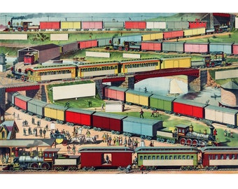 Antique Train art print, Colorful vintage train wall art, Steam engine, Locomotive, Railroad art, Boy's room, Boy nursery, Childrens, Kids