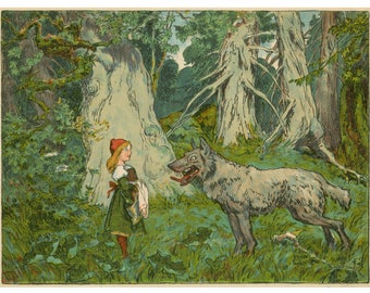 Little Red Riding Hood art print, Fairy tale art print, Storybook illustration, Big bad wolf art print, Vintage fairy tale illustration