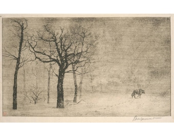 Lone wolf art print, Wildlife wall art, Wolf drawing, Antique etching, Winter landscape, Snow, Northwoods, Vintage animal black and white