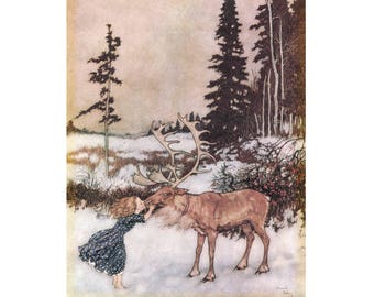 Fairy tale art print, Animal lover art, Wildlife art, Nature art, Wilderness art, Edmund Dulac, The Snow Queen, Girl kissing reindeer